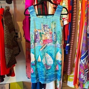 Vintage R.J. Collection Hand-Painted Style Sleeveless Summer Dress in Turquoise